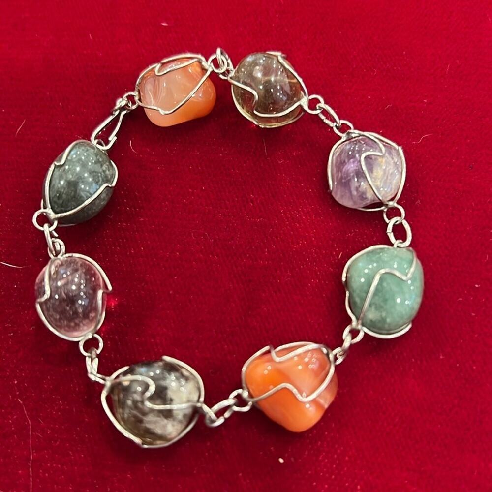 Vintage Caged Gemstones Charm Bracelet in Sterling Silver Wire